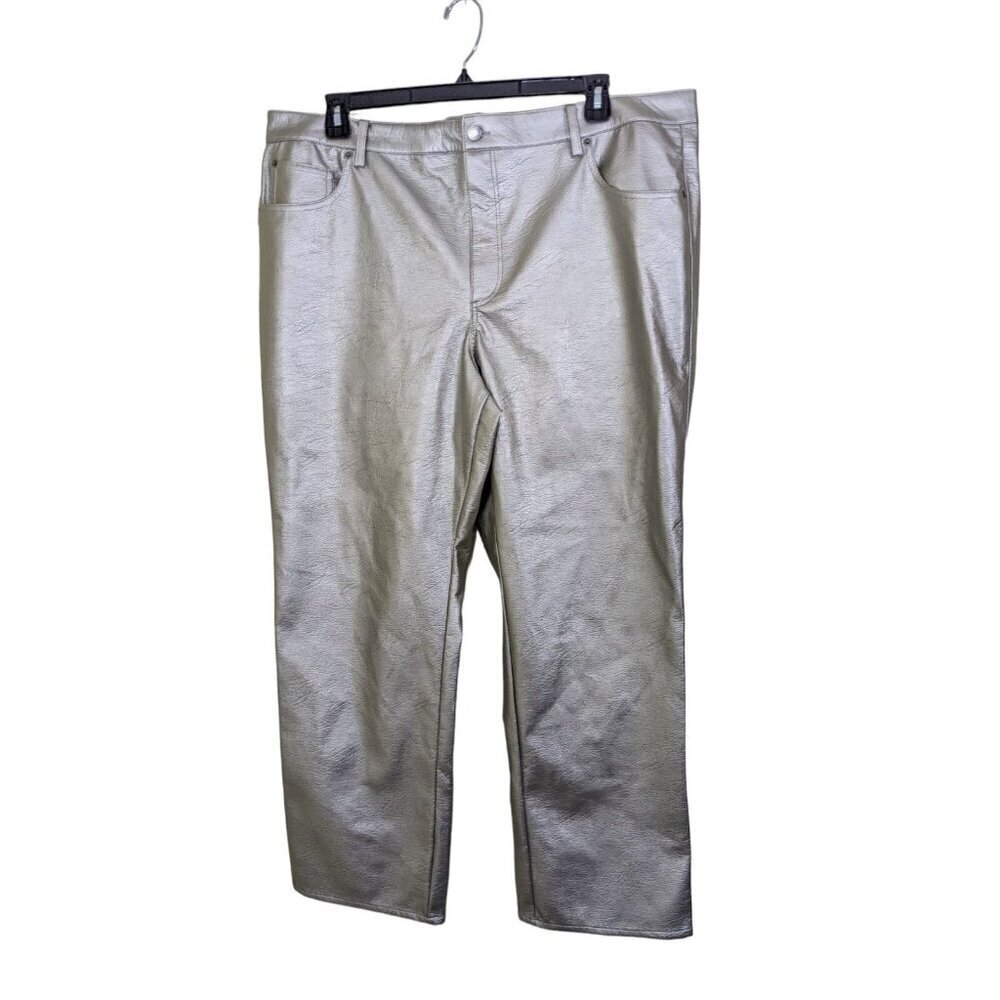 Womens Metallic Faux Leather Pants Silver Gray Zip Straight Leg Plus Size 20